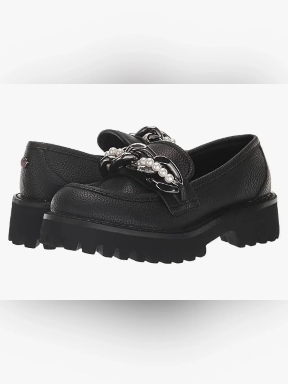 Karl Lagerfeld Black Leather Pearl & Chain Loafers